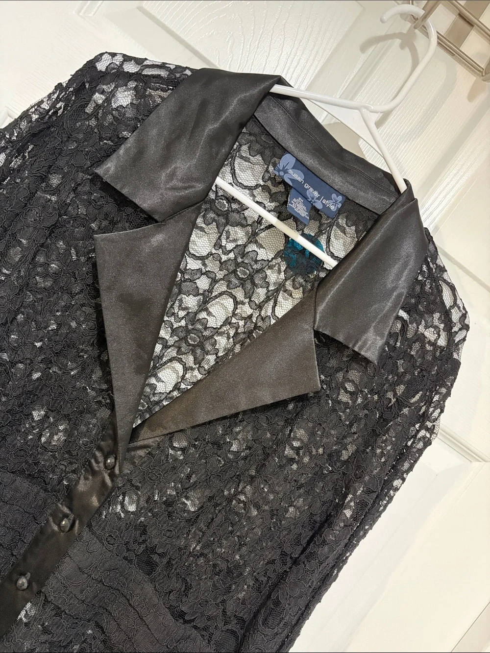 SUSAN GRAVER Style Women’s Black Lace Sheer Satin Trim Duster Jacket 2XL